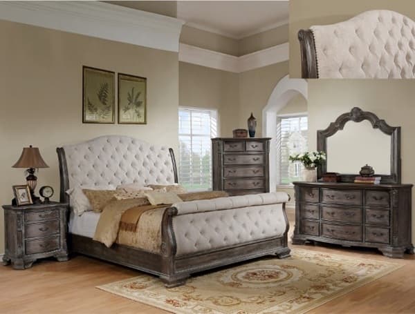 Sheffield Grey Finish Linen Fabric King Bedroom Set 5Pcs